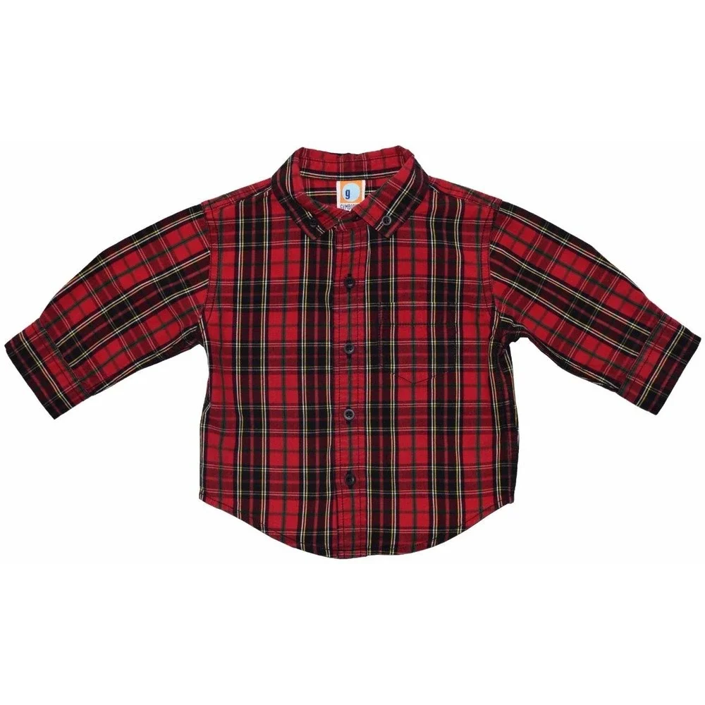 VTG  Gymboree Baby Boys Size 6 12 Months Long Sleeve Plaid Red Holiday Shirt EUC